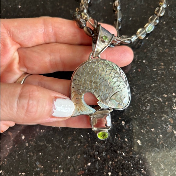 Accessories - 925 Sterling Silver Chunky Glass Bead Chain Mother of Pearl Fish Pendant Necklac